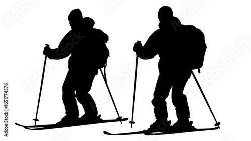 Silhouette of two skiers with poles and backpacks skiing down a slope on a white background in winter time