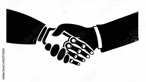 Illustration of a handshake between a human hand and a robotic hand in black and white design silhouette