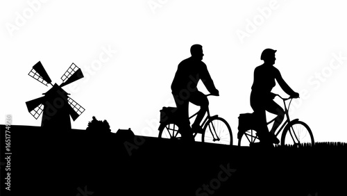 Silhouette of a windmill and two people riding bicycles in a rural setting against a white background