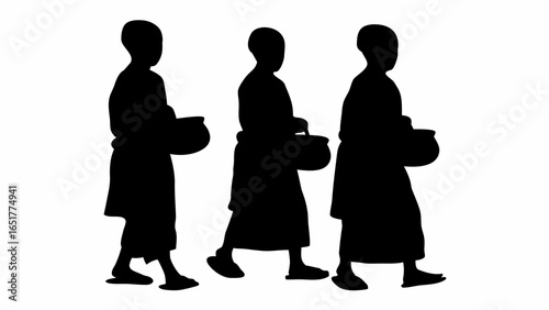 Silhouette of three monks walking in a line carrying bowls for alms on a white background in simple style