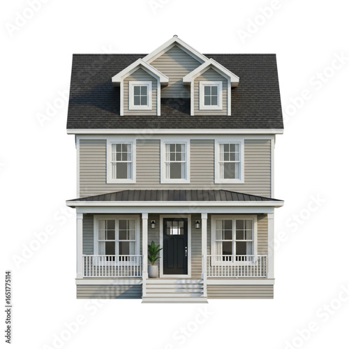 Classic two story american style house with dormer windows isolated on transparent background