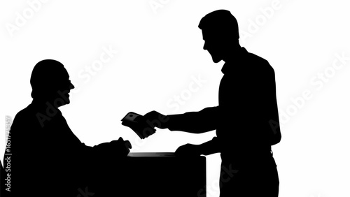 Silhouette of man handing money to another man sitting at a desk in a black and white illustration