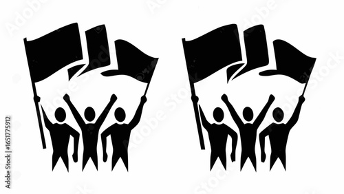 Silhouette of three people holding flags in the air in a show of solidarity and protest action icon