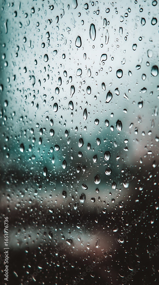 Fototapeta premium Raindrops on a window pane, creating a textured pattern against a blurred background.