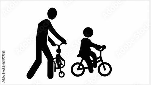 Stick figures depicting an adult pushing a child on a scooter and another child on a bicycle ride silhouette