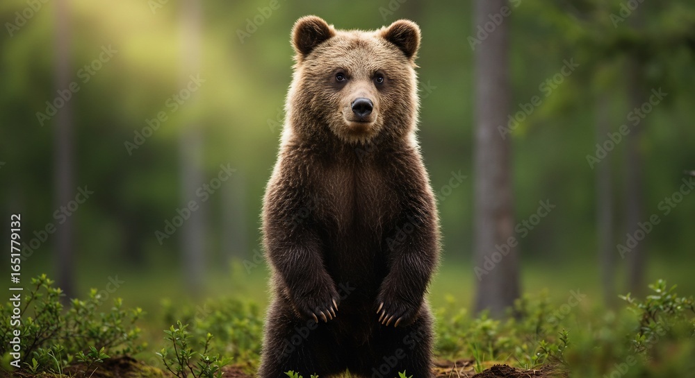 Fototapeta premium 森深く立つ子熊 優しい光浴びて穏やか表情. AI Generated
