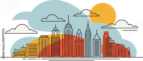 Modern cityscape illustration with abstract shapes and sun