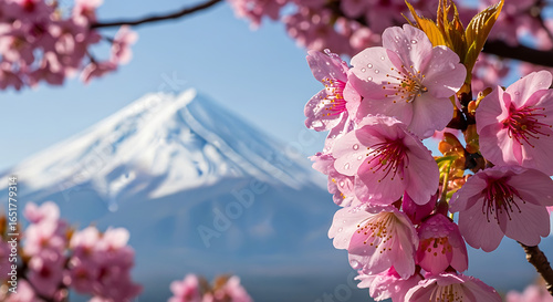 Scenic view of Mount Fuji with blooming pink cherry blossoms in the foreground, a beautiful spring landscape in Japan with sakura flowers and a clear blue sky.