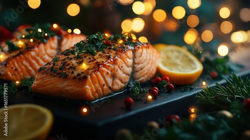 Festive Salmon Fillets Garnished with Herbs and Served with Citrus Slices