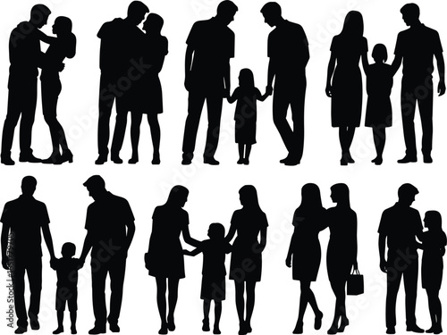 Family and couple silhouettes, parents with children, diverse group interactions, black vector icons, love unity care, relationship and togetherness concept illustration