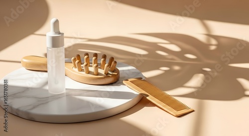 Flat lay mockup of hair care products: wooden hairbrush, comb, and serum bottle on a marble surface with soft, warm lighting