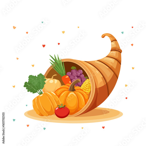 Cute cartoon vector style illustration of a happy cornucopia filled with fruits and vegetables
