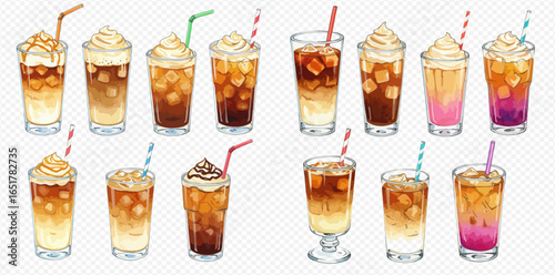An illustrated collection of various iced coffee drinks in glasses with whipped cream, toppings, and colorful straws.