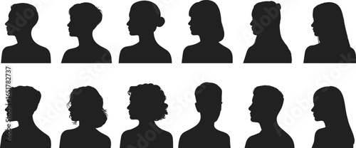 Silhouette side profile people, diverse human heads, various hairstyles, black vector icons, diversity concept, anonymous faces, hairstyle variations, human anatomy reference