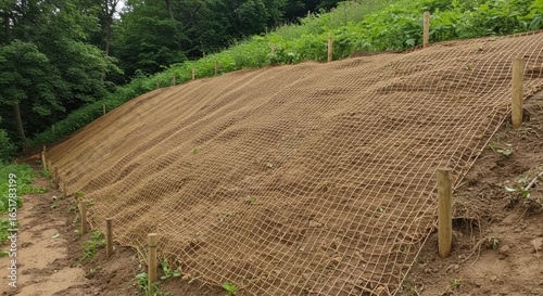 Erosion Control Netting on Slope, Environmental Protection, Natural Landscape, Greenery.