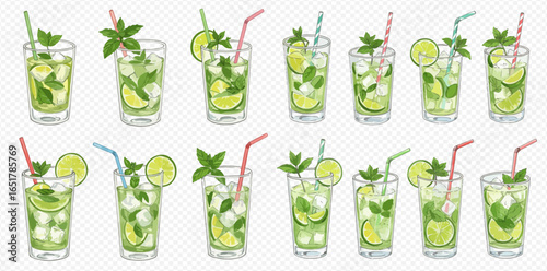 A collection of illustrated mojito cocktails in glasses, garnished with fresh mint leaves, lime slices, and colorful straws on a transparent background.