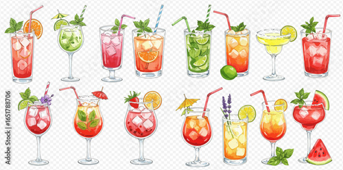 A colorful watercolor collection of various refreshing summer cocktails and drinks garnished with fruit and mint.