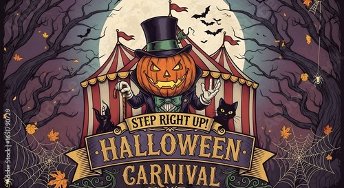 Spooky Halloween carnival poster featuring a jack-o'-lantern ringmaster, black cats, and bats