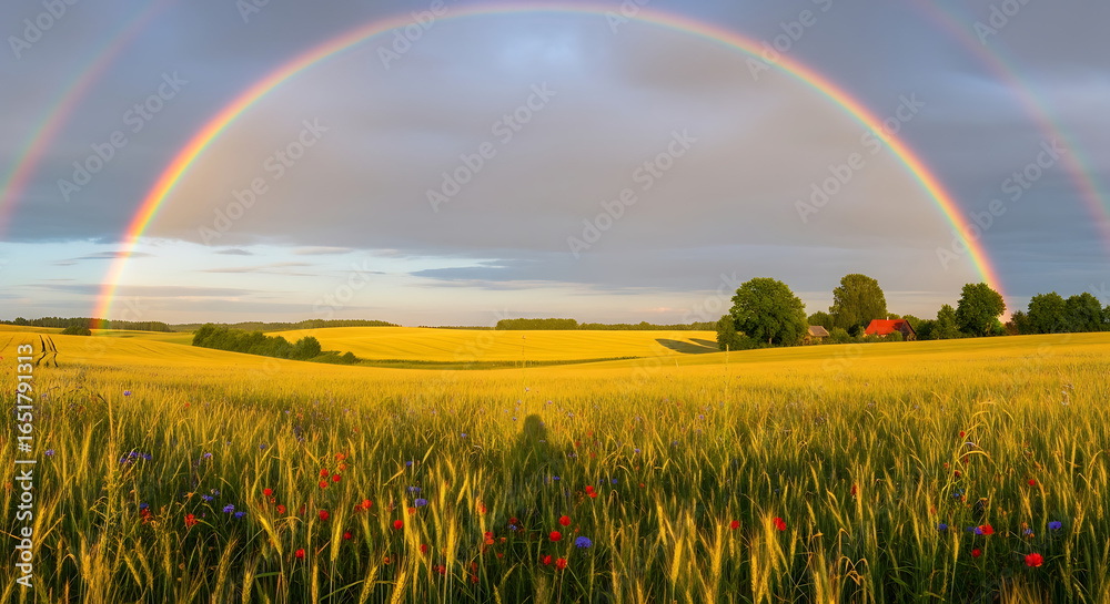 Naklejka premium Spectacular double rainbow arching over a vibrant golden field with red poppies and blue cornflowers