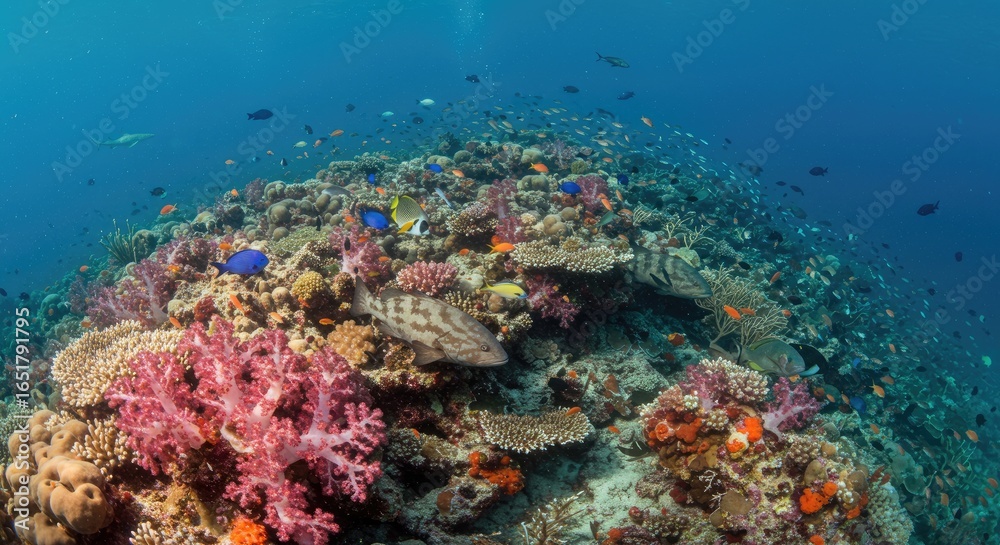 Obraz premium Vibrant Coral Reef Ecosystem: Underwater Scene with Diverse Fish and Marine Life.