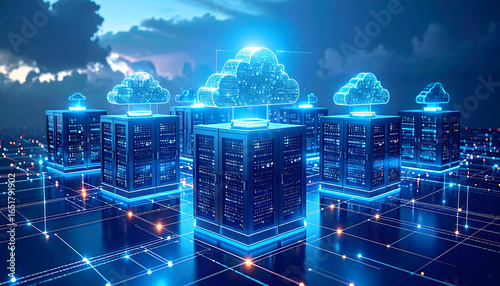 Digital Cloud Computing Network with Futuristic Blue Lights and Abstract Design