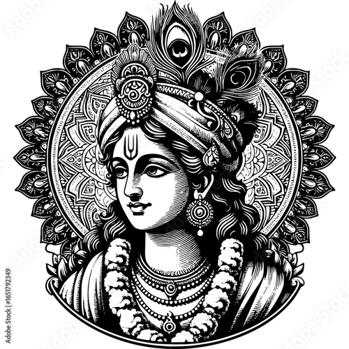 Lord Krishna Black & White Illustration – Peacock Feather Crown, Spiritual Hindu Artwork