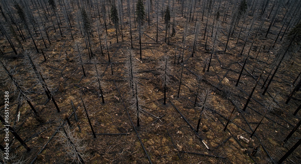 Fototapeta premium Aerial View of a Devastated Forest After a Wildfire, Charred Trunks and Branches