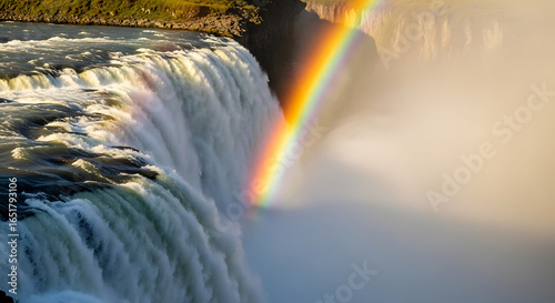 A spectacular rainbow arches over the powerful cascade of a majestic waterfall, showcasing the raw beauty of nature.