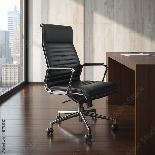 Black Office Chair with Leather Finish in Modern Workspace Interior