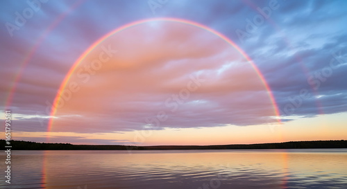 A spectacular double rainbow arches across a colorful sunset sky, reflecting its vibrant arc in the calm waters of a tranquil lake.