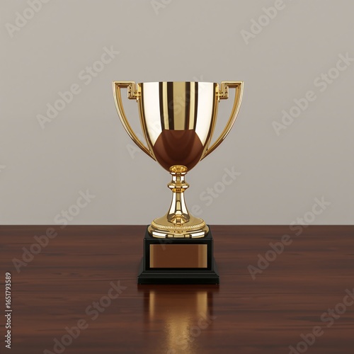 Golden Trophy on Wooden Table Representing Business Success and Achievement