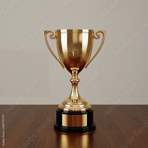 Golden Trophy on Wooden Table Representing Business Success and Achievement