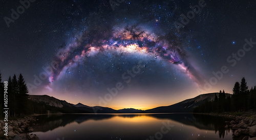 Spectacular Milky Way arch glowing over a serene mountain lake at night with starry sky reflection.