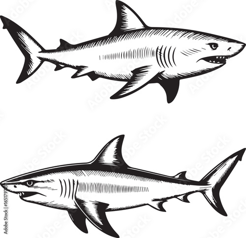 Detailed black and white illustration of a shark swimming