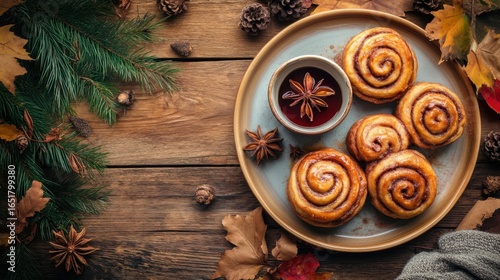 Freshly Baked Cinnamon Rolls on Rustic Wooden Table