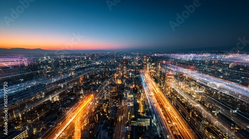 Night Cityscape with Light Trails and Sunset
