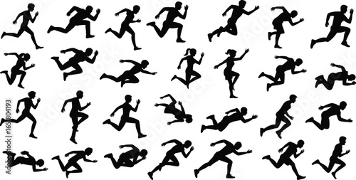 Running silhouette vector set, dynamic athlete poses, sprinting motion collection, black human figures in various running styles, sports movement illustration template