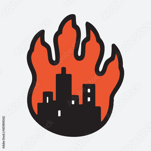 Modern Outline Cityscape in Flames Disaster Concept Illustration