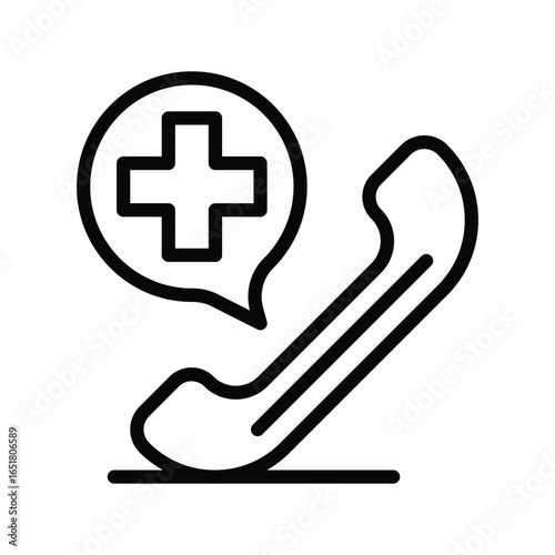 Black line art of a phone receiver with a speech bubble featuring a medical cross, web icons in line style. Editable stroke