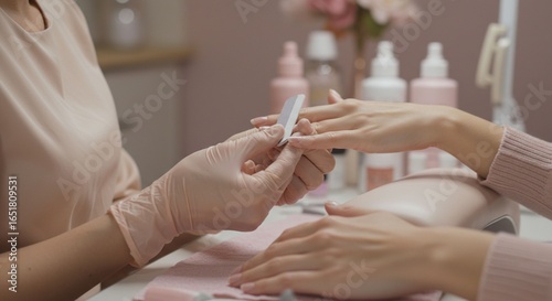 Nail technician filing customer nails in spa