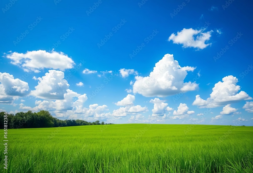 Fototapeta premium Serene green field under a vibrant blue sky dotted with fluffy white clouds, bright, art