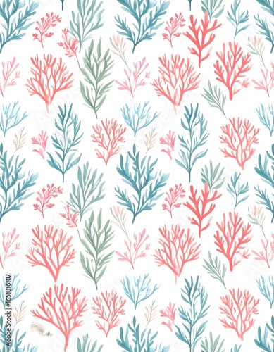 Watercolor Coral Reef and Seaweed Pattern on White Background, Artistic Design.
