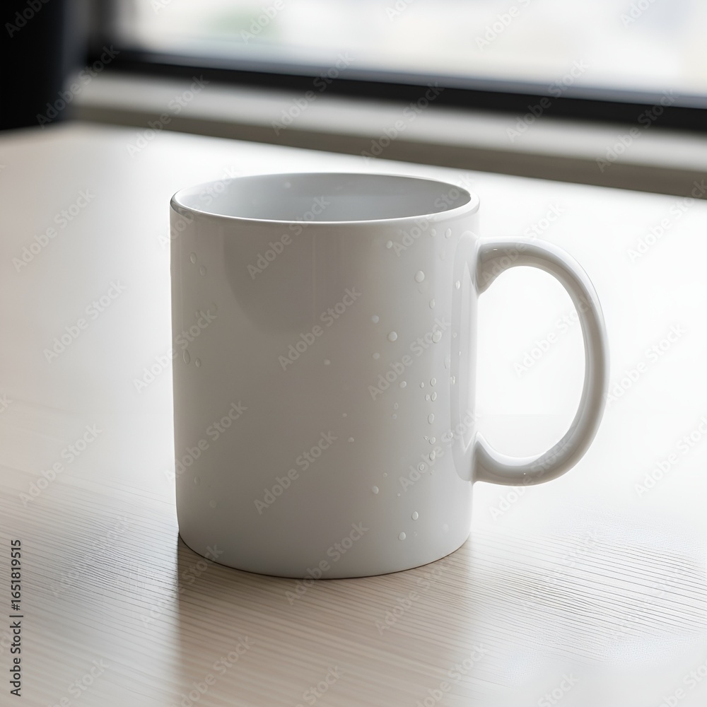 Obraz premium Plain white ceramic coffee mug mockup on a wooden tabletop with a bright window background, perfect for custom designs.