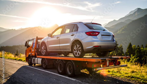 Silver Car Being Transported On An Orange Tow Truck On Mountain Road With Sunset In Background