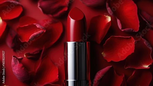 Crimson lipstick elegance surrounded by velvety rose petals, a sensual vision
