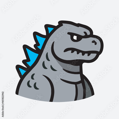 Simple Cartoonish Godzilla Head Icon Mascot Character in Grey and Blue