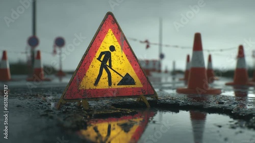 Road work warning sign with construction cones on wet asphalt during cloudy weather