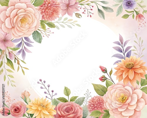 Soft watercolor floral frame with delicate peonies roses and dahlias in pastel pink peach and lavender hues