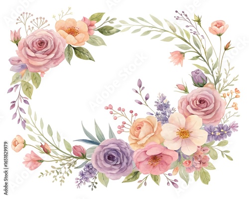 Elegant watercolor floral wreath with delicate roses and greenery creating a beautiful decorative frame for text or design