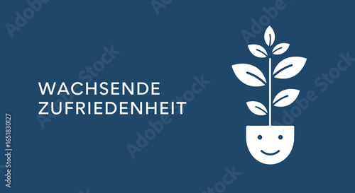 WACHSENDE ZUFRIEDENHEIT. Konzept für persönliches Wachstum, Glück und Entwicklung. Symbol einer Pflanze in einem Topf mit einem Lächeln.